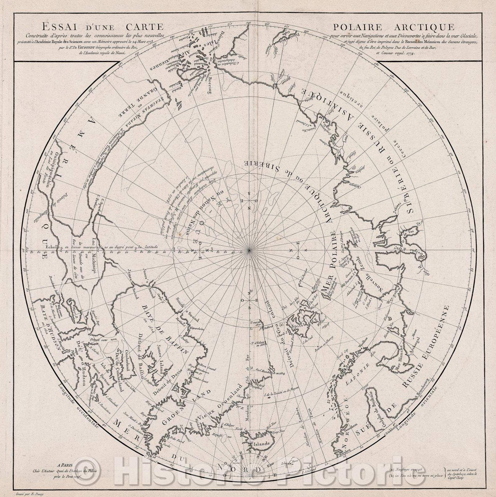 Historic Map : Essai d'une carte polaire arctique construite d'apres toutes les connoissances les plus nouvelles pour servir aux navigations et aux decouvertes, 1774 , Vintage Wall Art