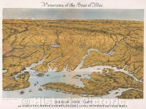 Historic Map : Panorama of the seat of war : birds eye view of Virginia, Maryland, Delaware and the District of Columbia, 1864 , Vintage Wall Art