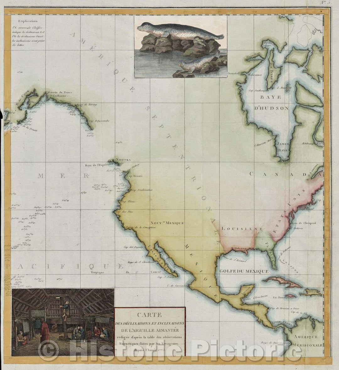 Historic Map : Carte des declinaisons et inclinaisons de l'aiguille aimantee redigee d'apres la table des observations magnetiques faites par les voyageurs, 1788 , Vintage Wall Art