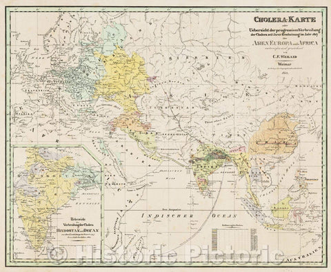Historic Map : Cholera-karte oder uebersicht der progressiven verbreitung der cholera seithrer erscheinung im Jahr 1817 uber Asien, Europa und Africa entworfen, 1832 , Vintage Wall Art