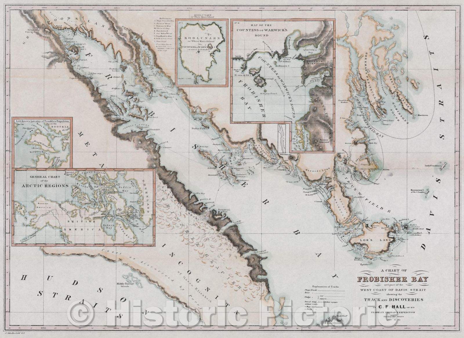 Historic Map : A chart of Frobisher Bay and part of the West Coast of Davis Strait showing the track and discoveries of C.F. Hall on his Franklin research expedition, 1862 , Vintage Wall Art