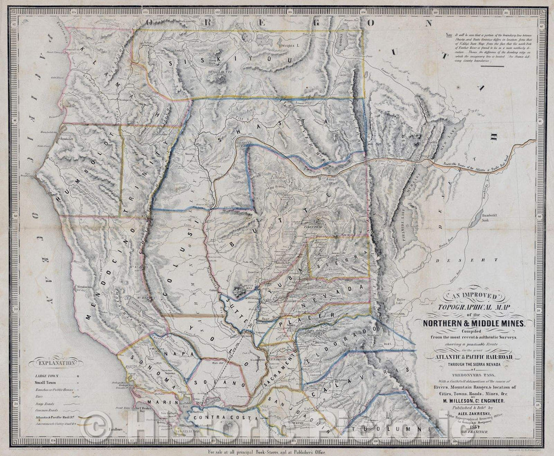 Historic Map : An improved topographical map of the northern and middle mines of California : , 1854 , Vintage Wall Art