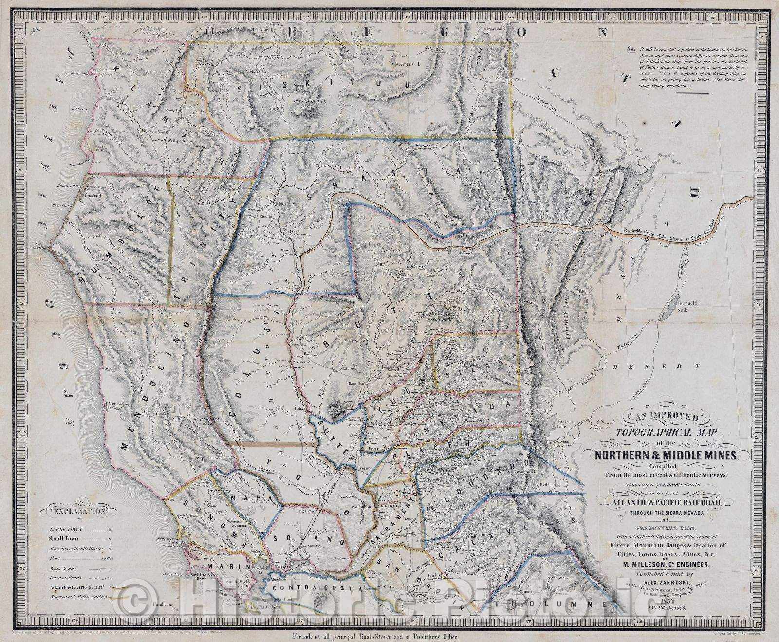 Historic Map : An improved topographical map of the northern and middle mines of California : , 1854 , Vintage Wall Art