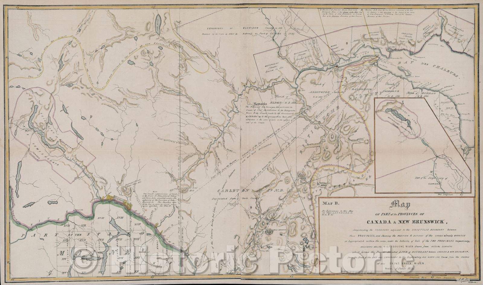 Historic Map : Map of the provinces of Canada and New Brunswick comprehending the territory adjacent to the unsettled boundary between these provinces, 1845 , Vintage Wall Art