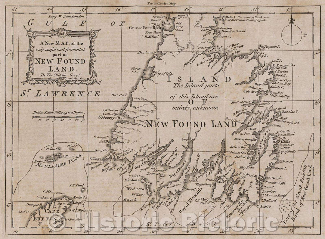 Historic Map : A New Map of the only useful and frequented part of New Found Land by Thos. Kitchin, Geogr., 1762 , Vintage Wall Art
