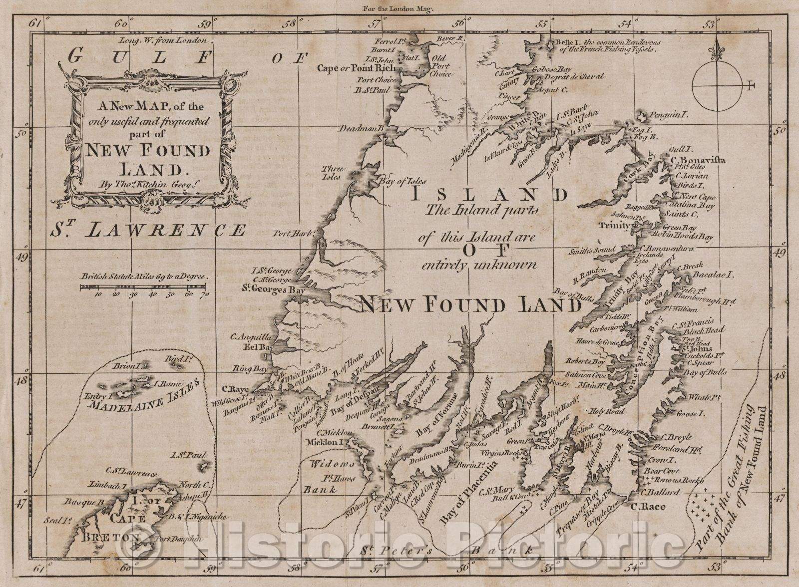 Historic Map : A New Map of the only useful and frequented part of New Found Land by Thos. Kitchin, Geogr., 1762 , Vintage Wall Art
