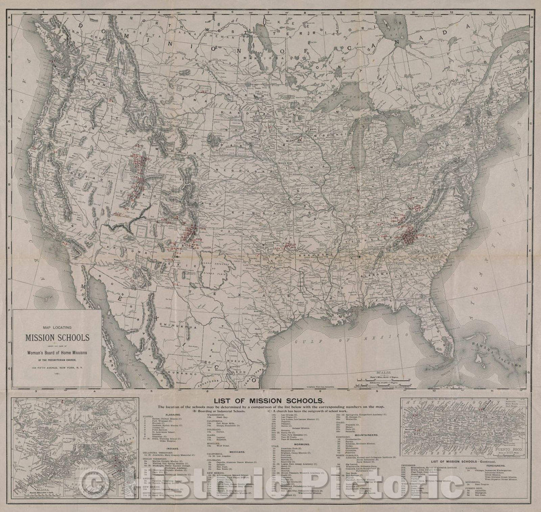 Historic Map : Map Locating Mission Schools under the care of Woman's Board of Home Missions of the Presbyterian Church, 1901 , Vintage Wall Art
