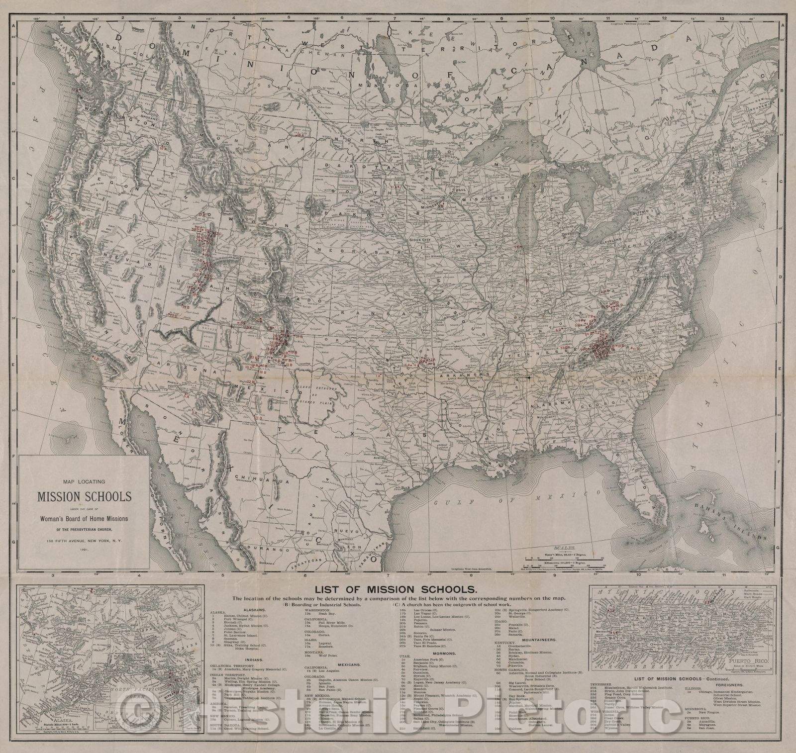 Historic Map : Map Locating Mission Schools under the care of Woman's Board of Home Missions of the Presbyterian Church, 1901 , Vintage Wall Art