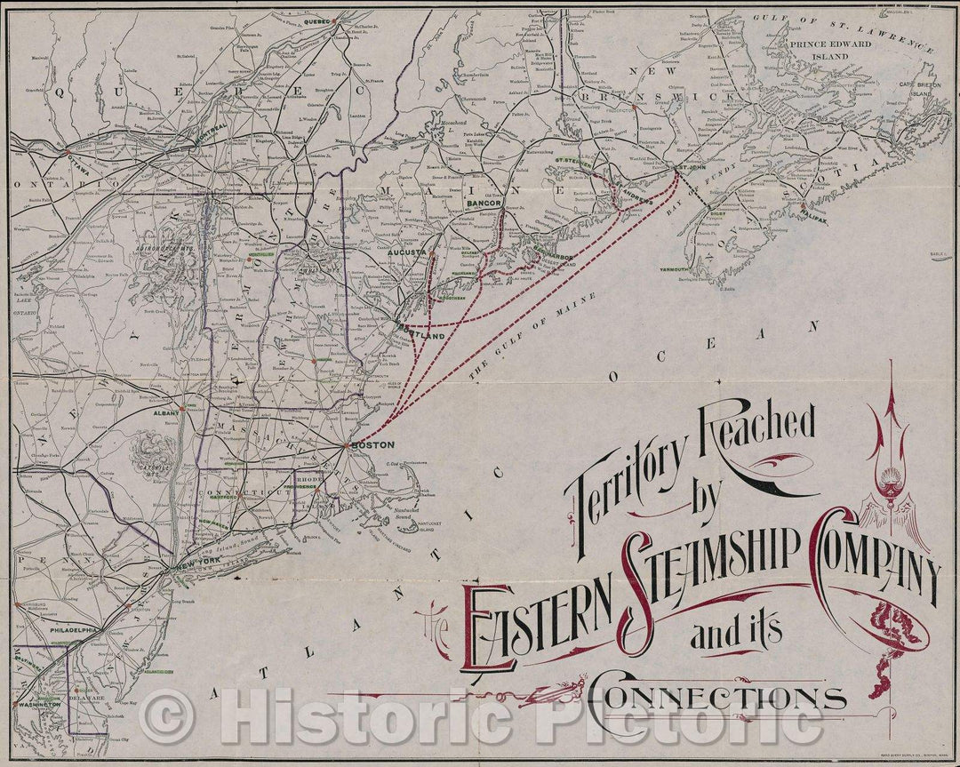 Historic Map : Territory Reached by the Eastern Steamship Company and its Connections, c. 1906 , Vintage Wall Art