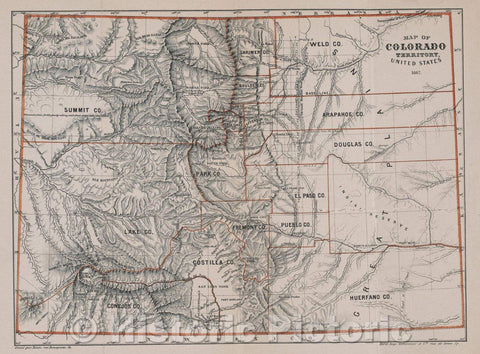 Historic Map : Map of Colorado Territory, United States, 1867 , Vintage Wall Art