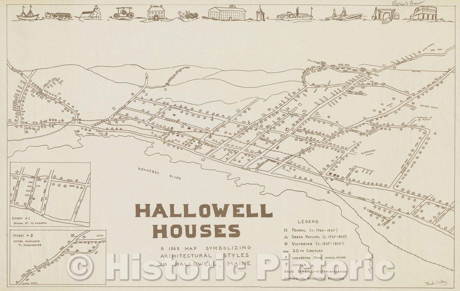 Historic Map : Hallowell Houses : a 1968 map symbolizing architectural styles in Hallowell, Maine, 1968 , Vintage Wall Art
