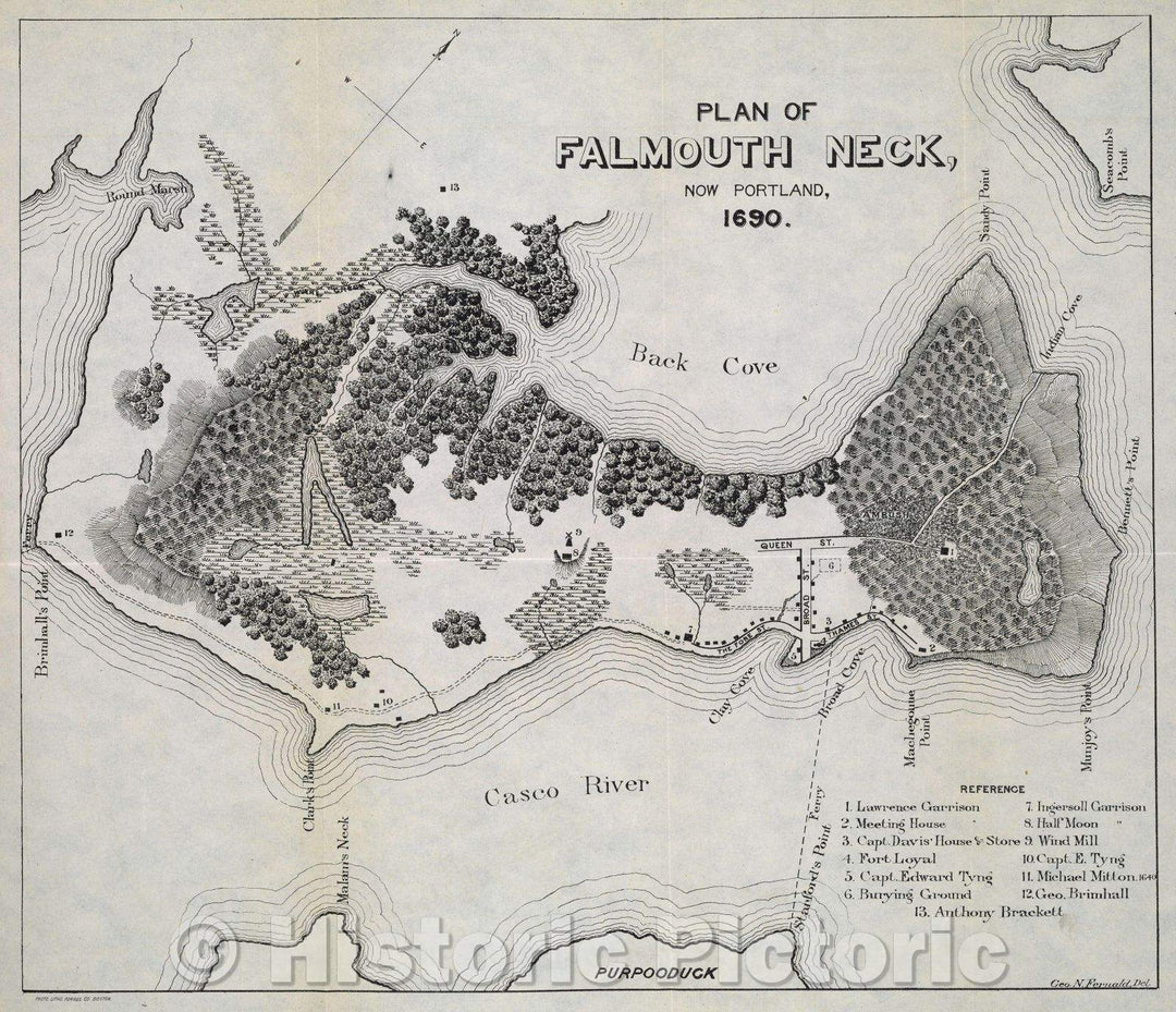 Historic Map : The Siege and Capture of Fort Loyall : Destruction of Falmouth, May 20, 1690 (o.s.), a paper read before the Maine Genealogical Society, 1690 , Vintage Wall Art