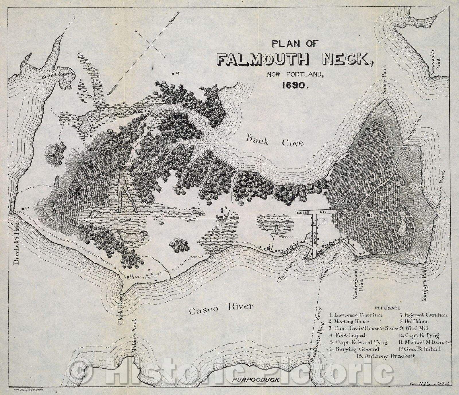 Historic Map : The Siege and Capture of Fort Loyall : Destruction of Falmouth, May 20, 1690 (o.s.), a paper read before the Maine Genealogical Society, 1690 , Vintage Wall Art