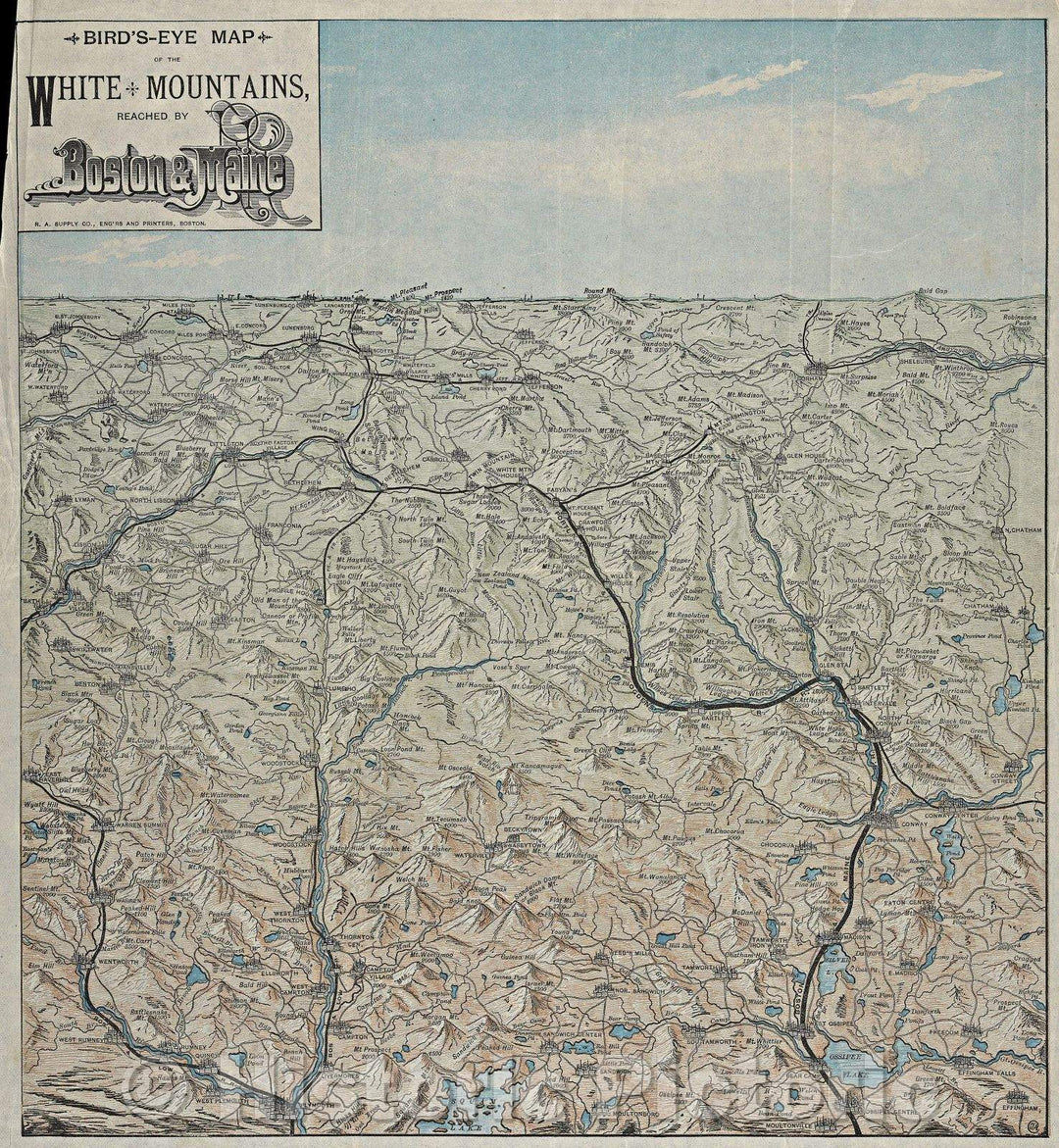 Historic Map : Bird's-Eye Map of the White Mountains, Reached by Boston and Maine, Vintage Wall Art