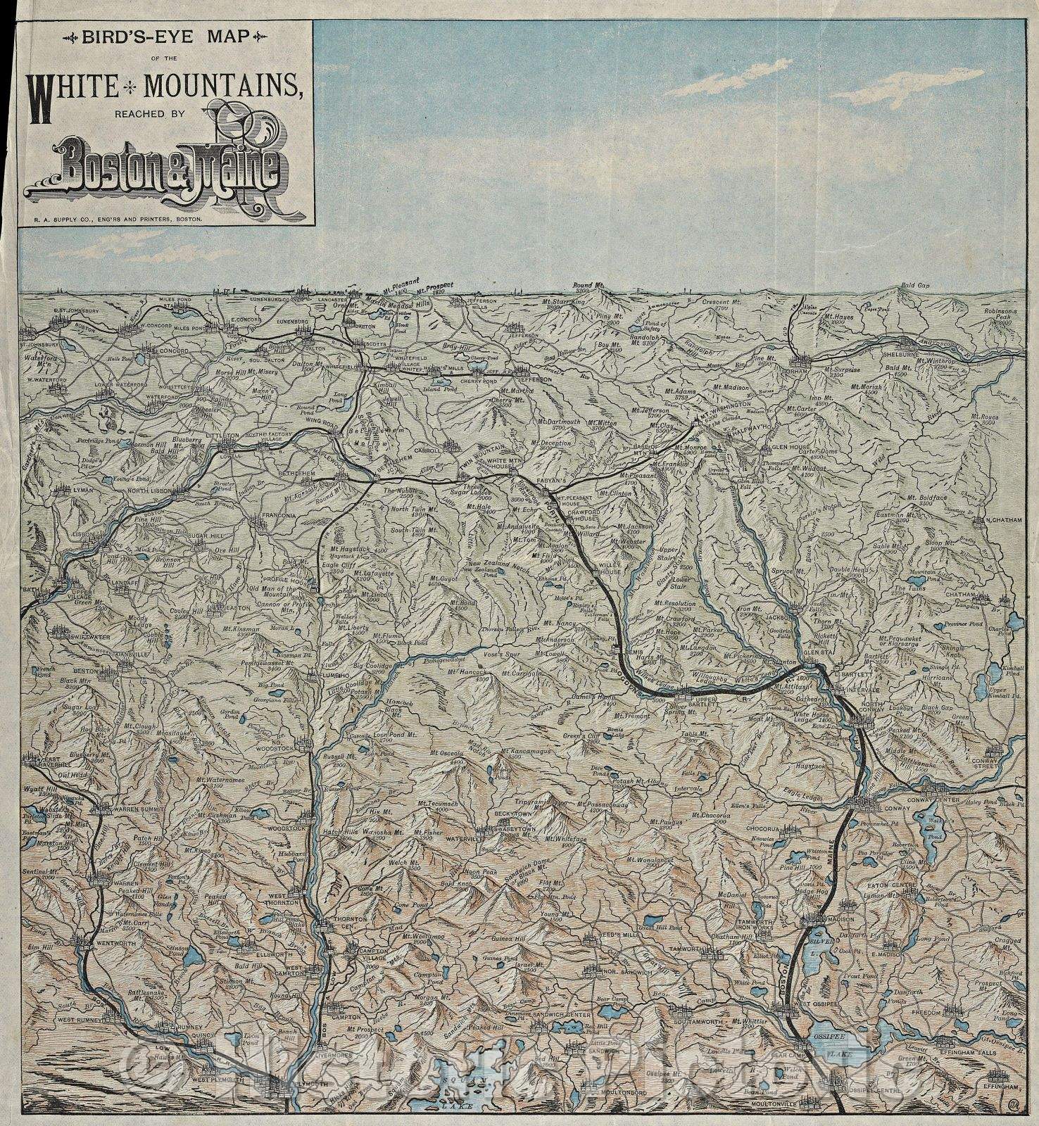 Historic Map : Bird's-Eye Map of the White Mountains, Reached by Boston and Maine, Vintage Wall Art