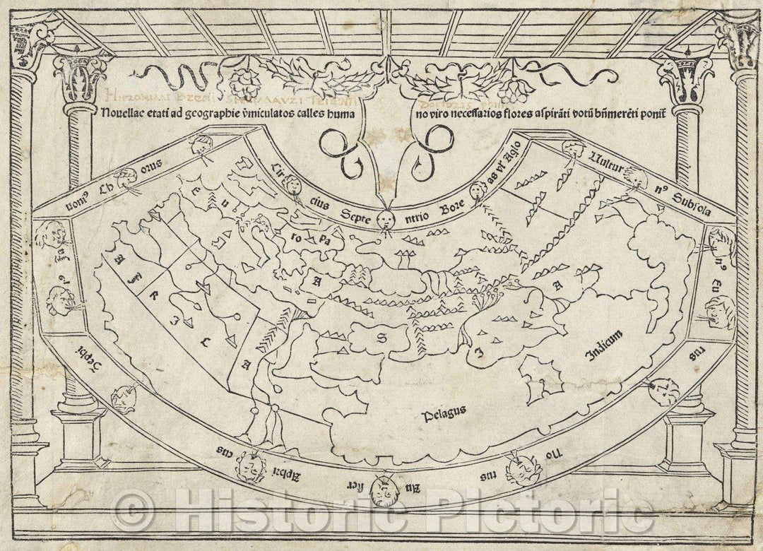 Historic Map : Nouellae etati ad geographie viniculatos calles humano no viro necessarios flores aspirari votu bnmereti ponit, 1482 , Vintage Wall Art