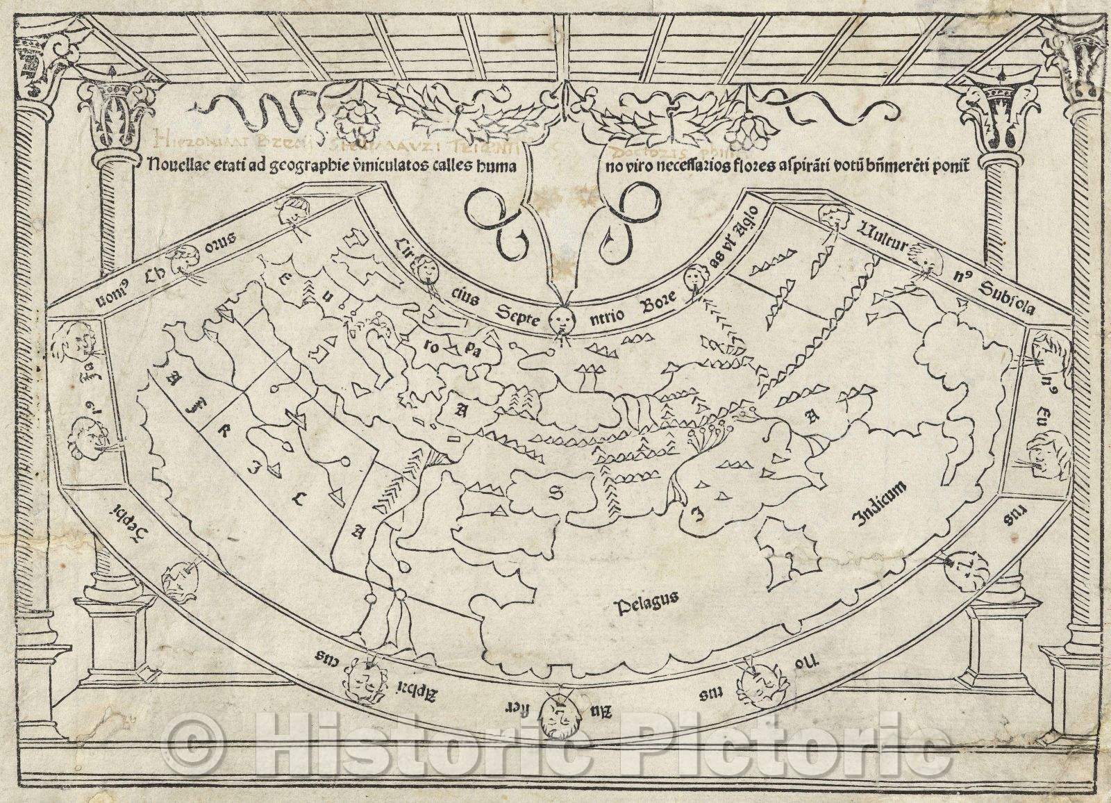 Historic Map : Nouellae etati ad geographie viniculatos calles humano no viro necessarios flores aspirari votu bnmereti ponit, 1482 , Vintage Wall Art