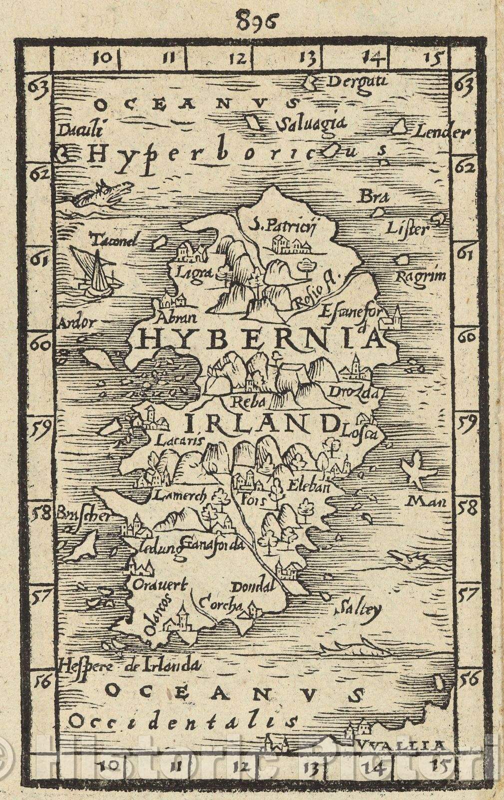 Historic Map : Hybernia Irland, 1561 , Vintage Wall Art