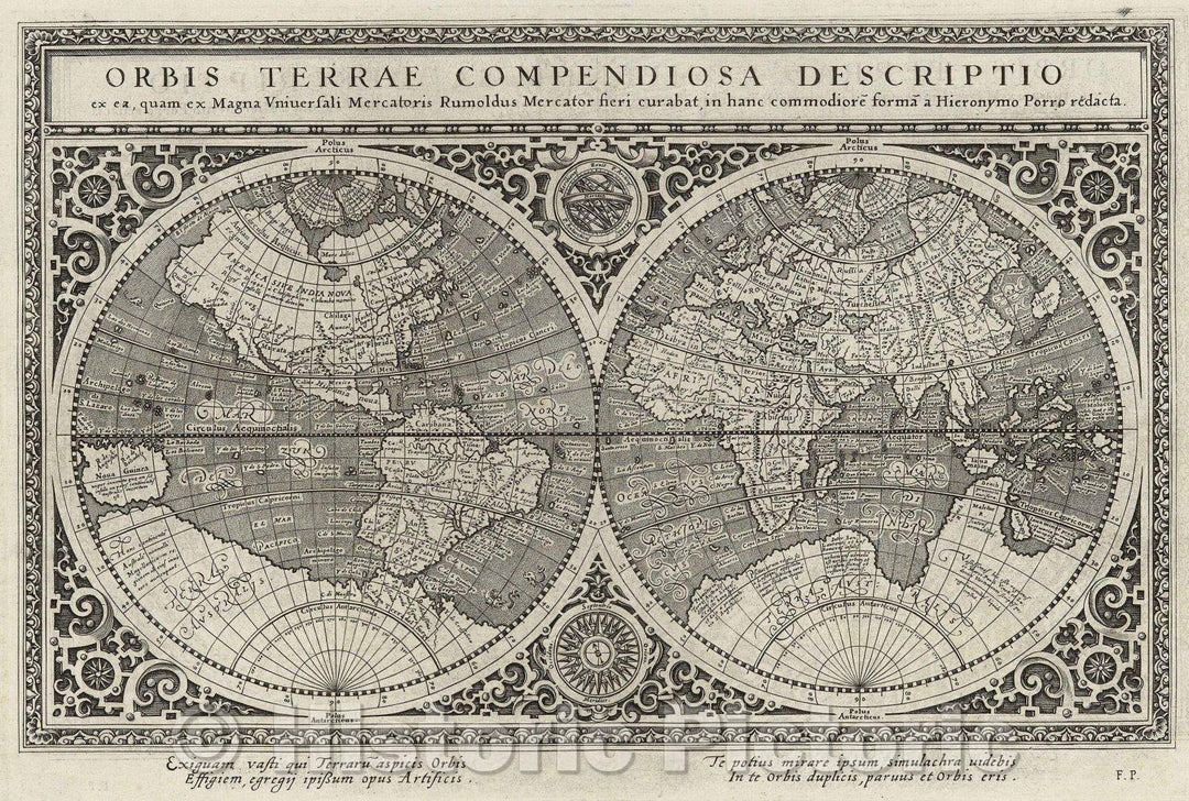 Historic Map : Orbis Terrae Compendiosa Descriptio ex ea quam ex Magna Universali Mercatoris Rumoldus Mercator fieri curabat, in hanc commodiore forma a Hieronymo, 1596 , Vintage Wall Art
