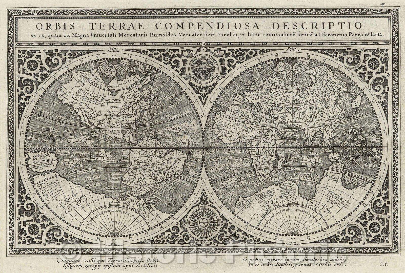 Historic Map : Orbis Terrae Compendiosa Descriptio ex ea quam ex Magna Universali Mercatoris Rumoldus Mercator fieri curabat, in hanc commodiore forma a Hieronymo, 1596 , Vintage Wall Art