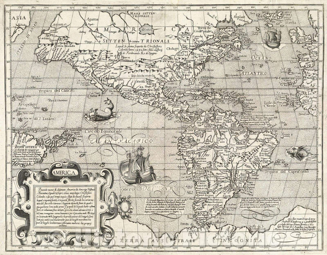 Historic Map : America, c. 1599 , Vintage Wall Art