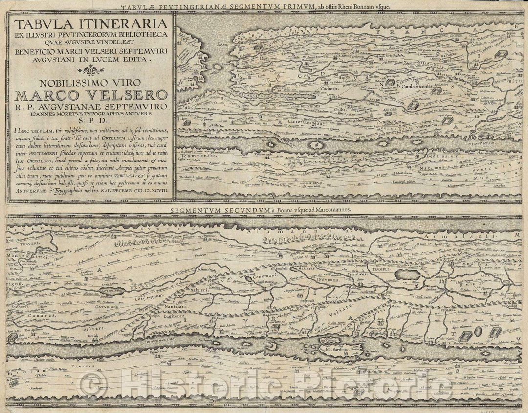 Historic Map : Tabula Itineraria ex Illustri Peutingerorum Bibliotheca quae Augustae Vindel. est beneficio Marci Velseri Septemviri Augustani in Lucem Edita..., c. 1609 , Vintage Wall Art