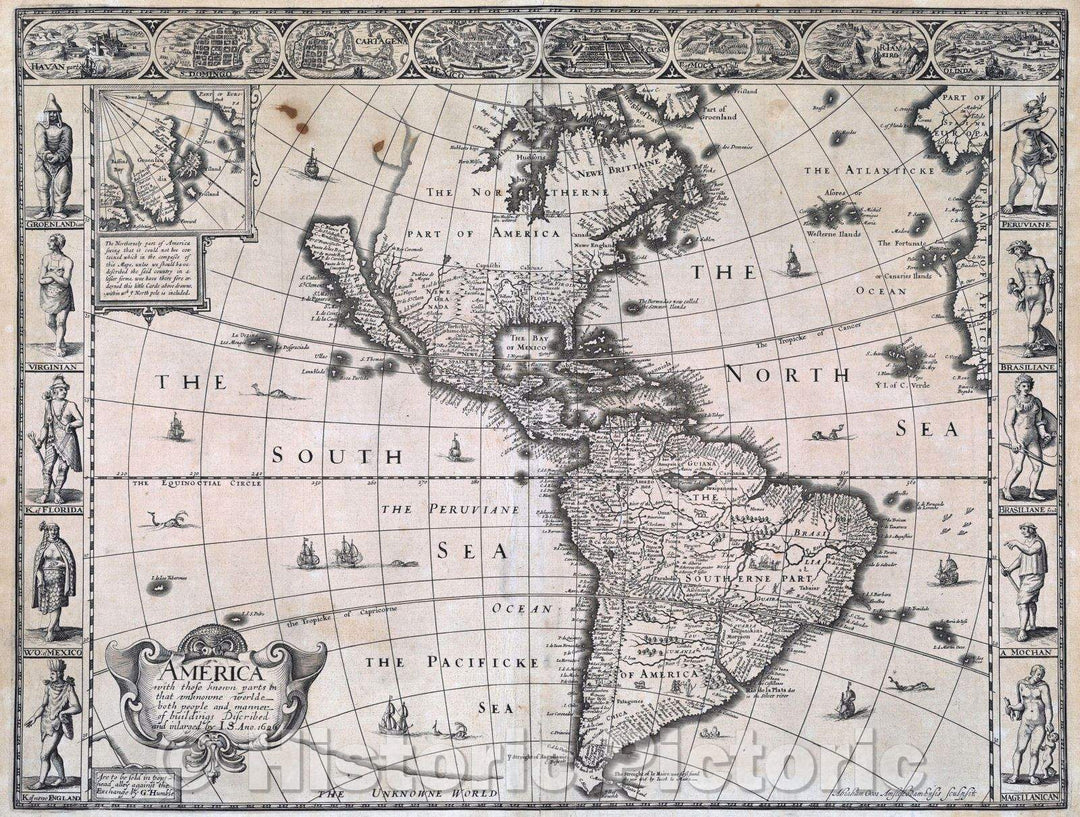 Historic Map : America with those known parts in that unknowne worlde both people and manner of buildings Discribed and inlarged by I.S., 1631 , Vintage Wall Art