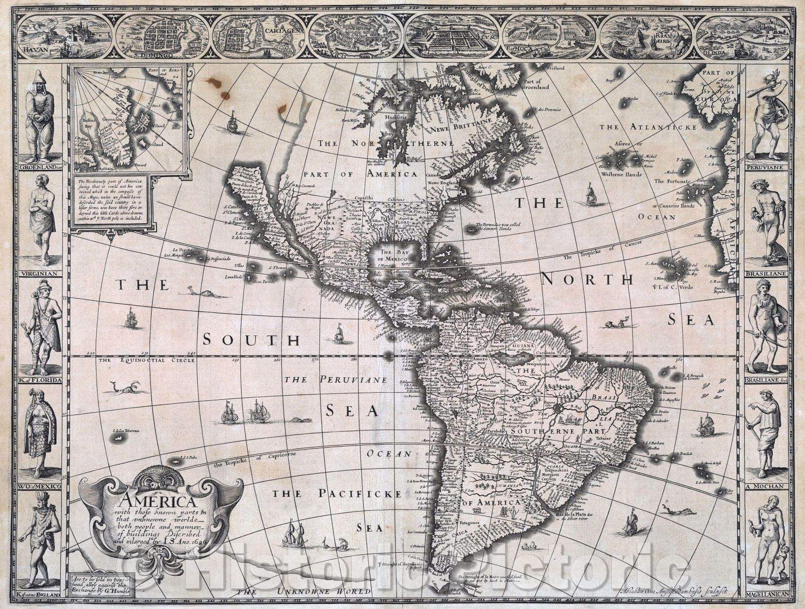 Historic Map : America with those known parts in that unknowne worlde both people and manner of buildings Discribed and inlarged by I.S., 1631 , Vintage Wall Art