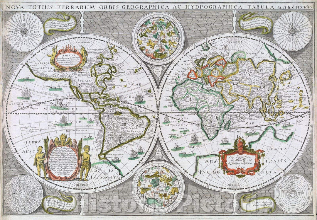 Historic Map : Nova Totius Terrarum Orbis Geographica ac Hydrographica Tabula Auct- Iud Hondio, 1642 , Vintage Wall Art