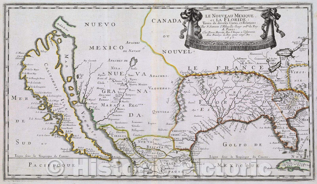 Historic Map : Le Nouveau Mexique et la Floride: Tirees de diverses Cartes, et Relations. Par N. Sanson d'Abbeville Geogr odre du Roy., 1656 , Vintage Wall Art