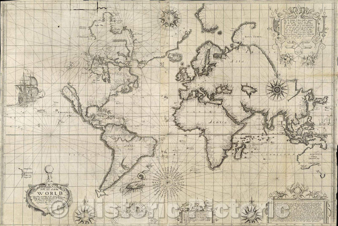 Historic Map : A Plat of All The World. Projected according to the truest Rules Being far more exact than either the Plain Card or the maps of the World, 1657 , Vintage Wall Art