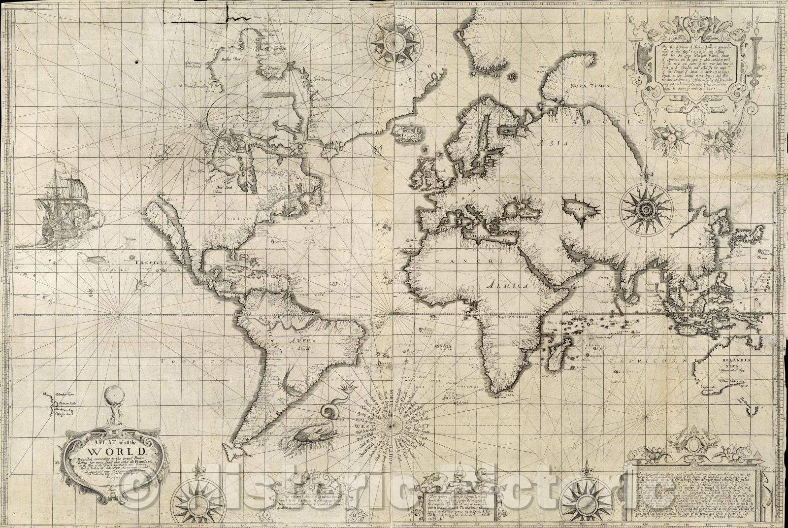 Historic Map : A Plat of All The World. Projected according to the truest Rules Being far more exact than either the Plain Card or the maps of the World, 1657 , Vintage Wall Art