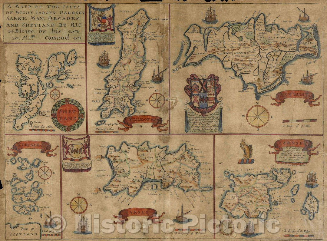 Historic Map : Mapp of the Isles of Wight, Iarsey, Garnsey, Sarke, Mann, Orcades and Shetland., 1673 , Vintage Wall Art