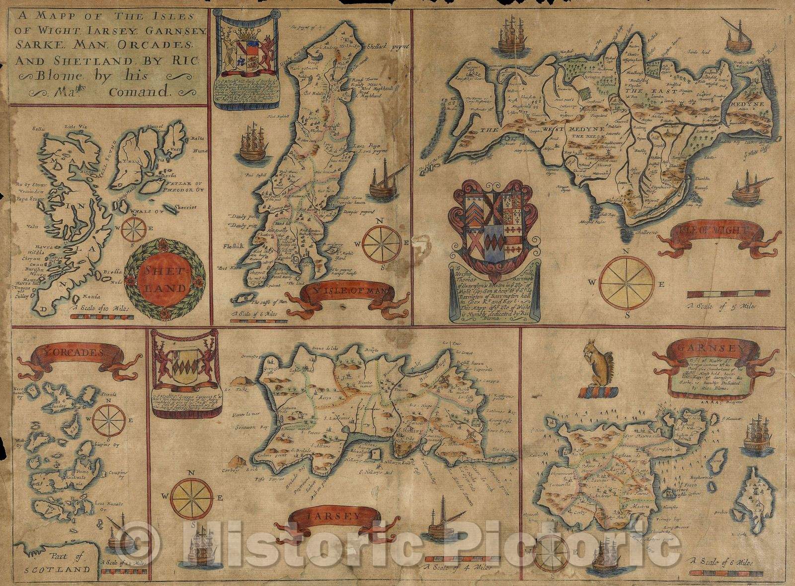 Historic Map : Mapp of the Isles of Wight, Iarsey, Garnsey, Sarke, Mann, Orcades and Shetland., 1673 , Vintage Wall Art