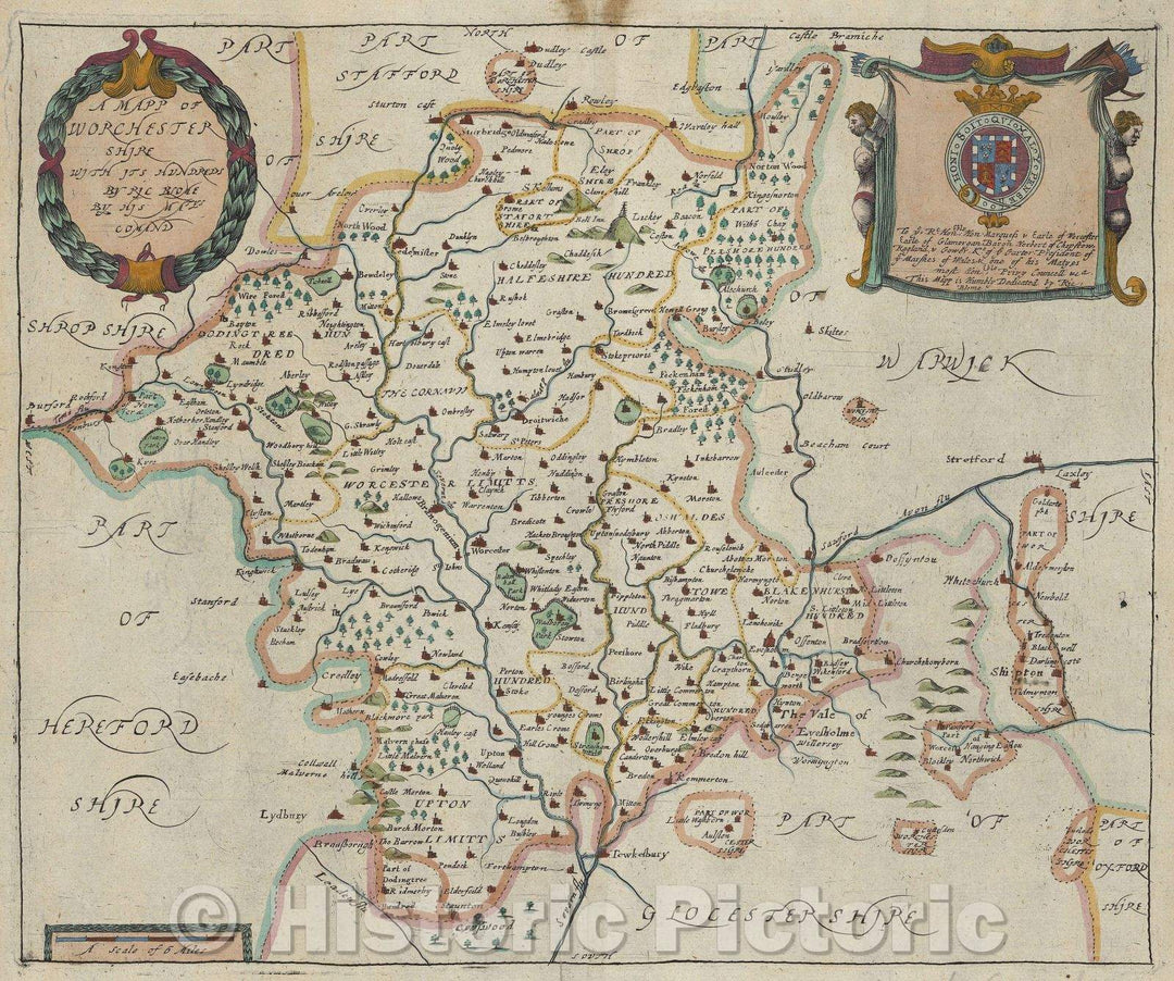 Historic Map : A Mapp of Worchester Shire with its hundreds., 1673 , Vintage Wall Art