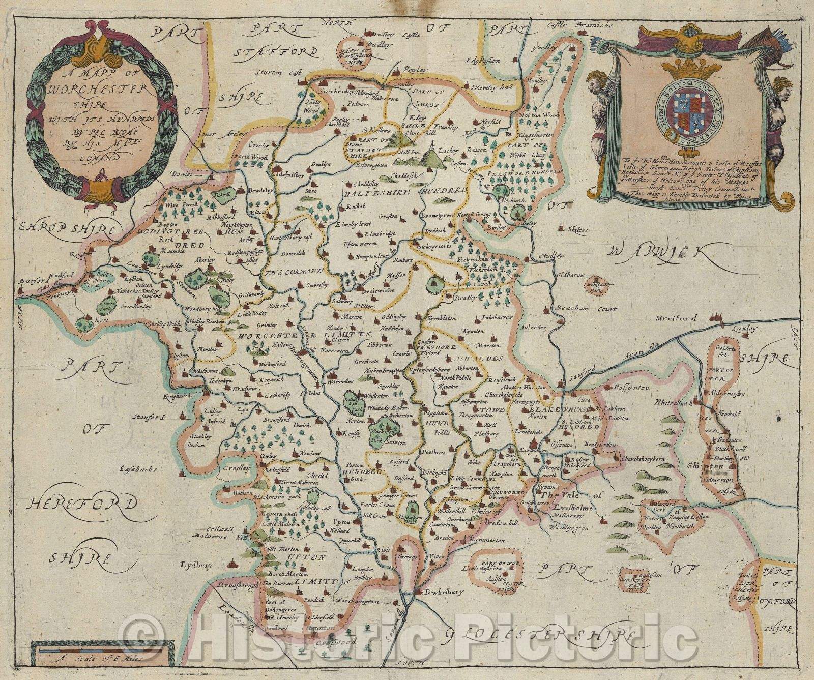 Historic Map : A Mapp of Worchester Shire with its hundreds., 1673 , Vintage Wall Art