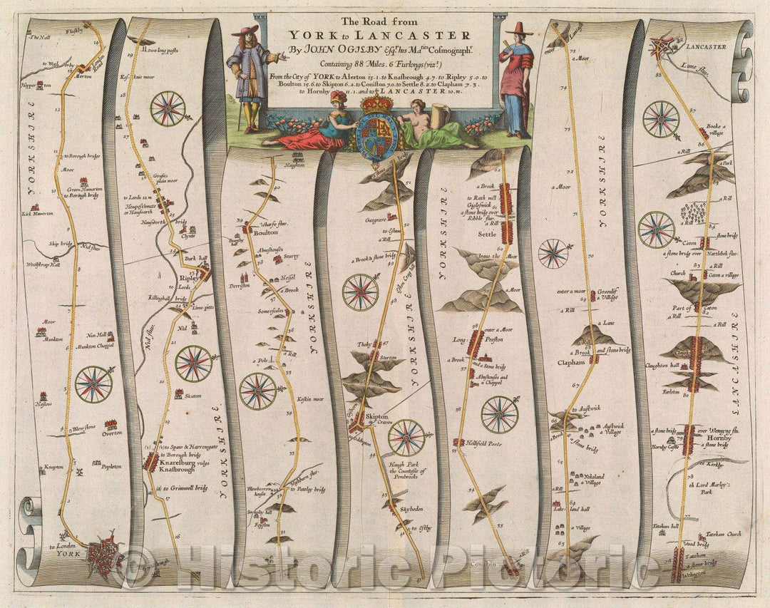 Historic Map : The Road from York to Lancaster by John Ogilby Esq. his Majesties Cosmographer., 1675 , Vintage Wall Art