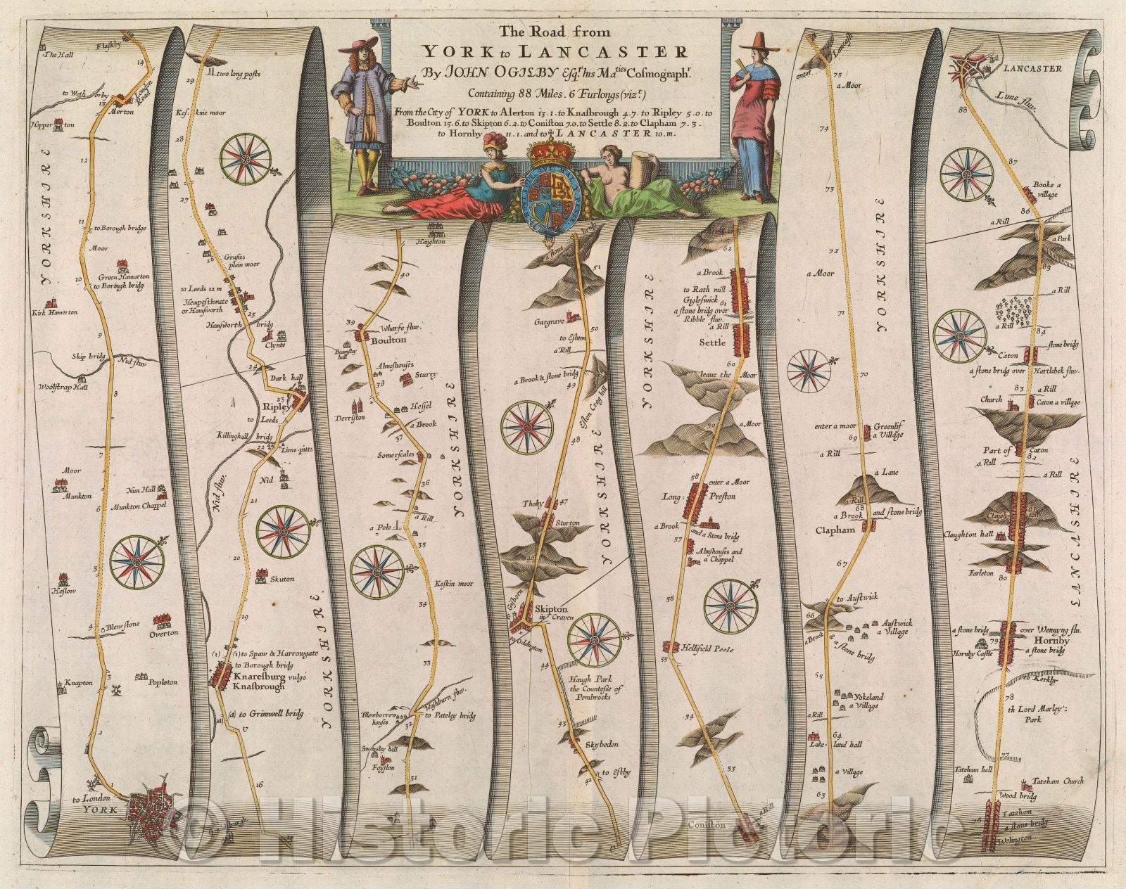 Historic Map : The Road from York to Lancaster by John Ogilby Esq. his Majesties Cosmographer., 1675 , Vintage Wall Art