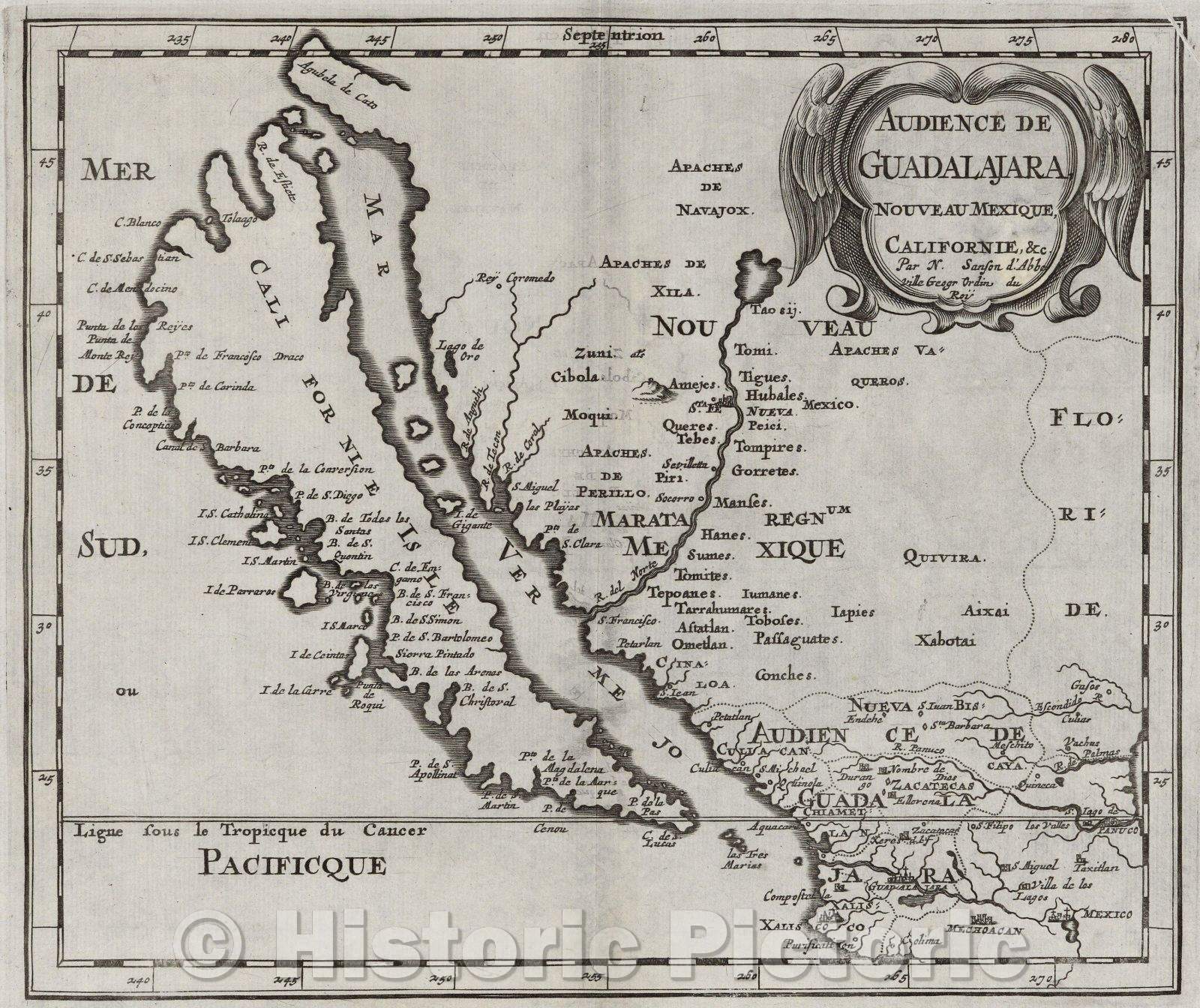 Historic Map : Audience de Guadalajara, Noveau Mexique, Californie andc. Par N. Sanson d'Abbeville, Geogr. Ordin. du Roy, 1676 , Vintage Wall Art