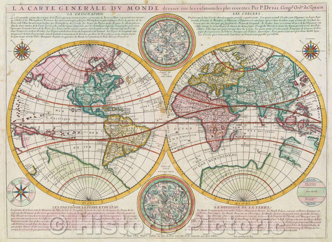 Historic Map : La Carte General du Monde dresse sur les relations les plus recentes par P. Du Val Geogr. Ordre, du Roy 1678., 1678 , Vintage Wall Art