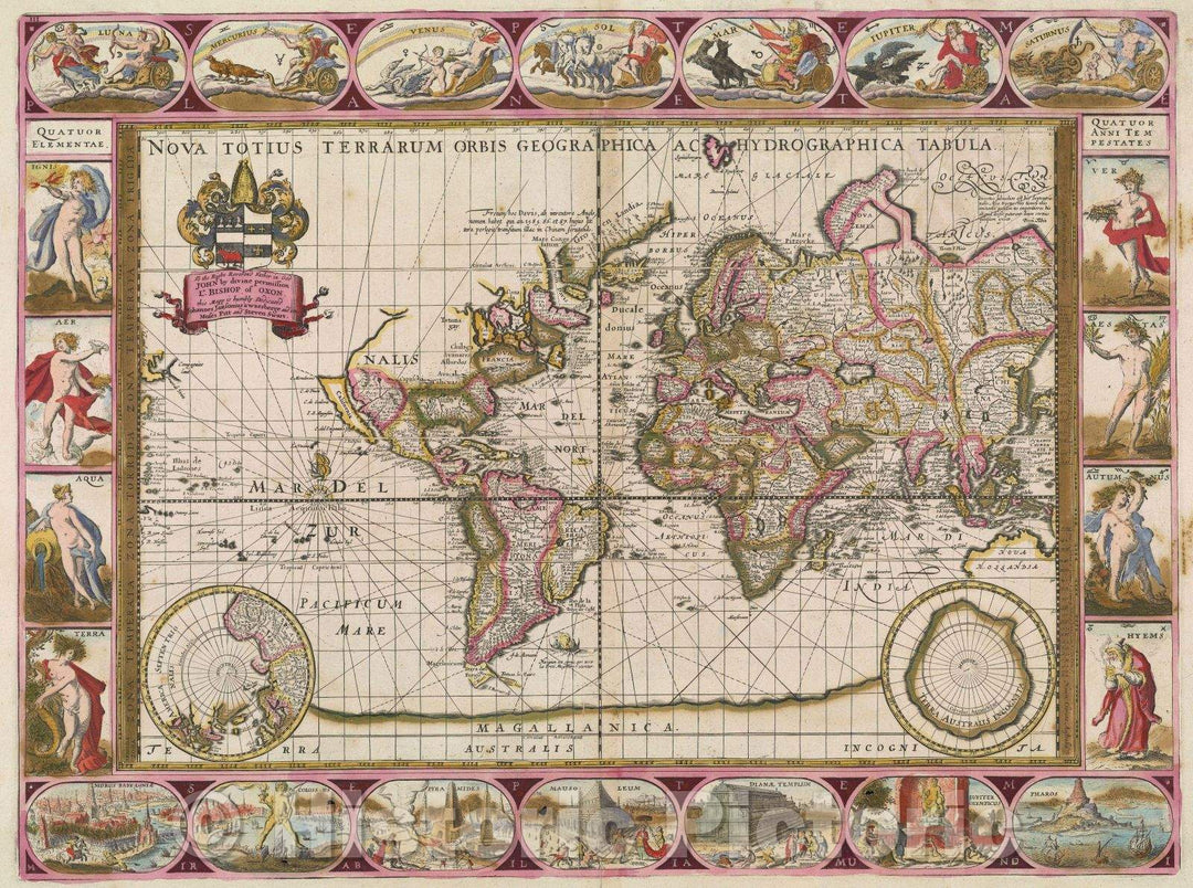 Historic Map : Nova Totius Terrarum Orbis Geographica Ac Hydorgraphica Tabula, 1680 , Vintage Wall Art