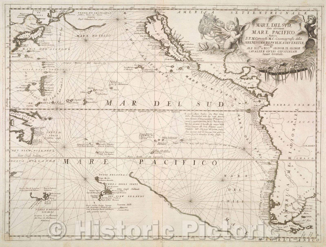 Historic Map : Mare del Sud detto altrimenti Mare Pacifico Auttore Il P. M. Coronelli M. C. Cosmografo della Serenissima Republica di Venetia dedicato All' Illmo et, 1690 , Vintage Wall Art
