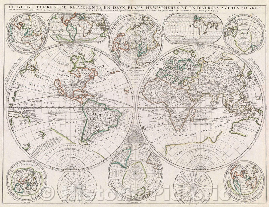 Historic Map : Le globe Terrestre Represente en Deux Plans - Hemishperes et en Diverses Autres Figures. Par P. Coronelli Cosmographe, etc. Corrige' et augmente, 1690 , Vintage Wall Art