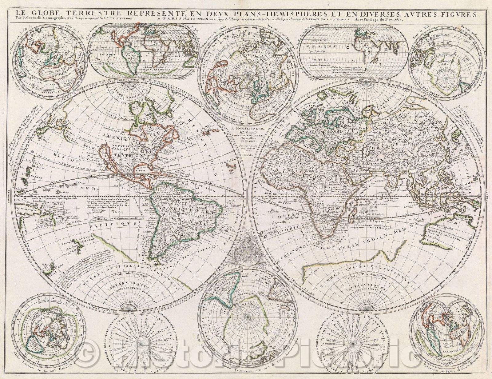 Historic Map : Le globe Terrestre Represente en Deux Plans - Hemishperes et en Diverses Autres Figures. Par P. Coronelli Cosmographe, etc. Corrige' et augmente, 1690 , Vintage Wall Art