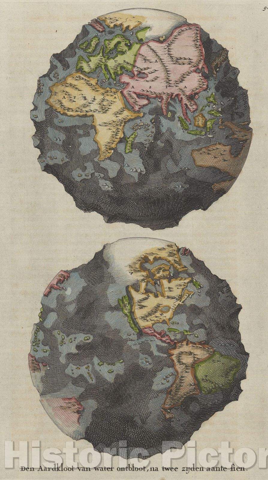 Historic Map : Den Aardkloot van water ontbloot, na twee zidjen aante sien., 1691 , Vintage Wall Art