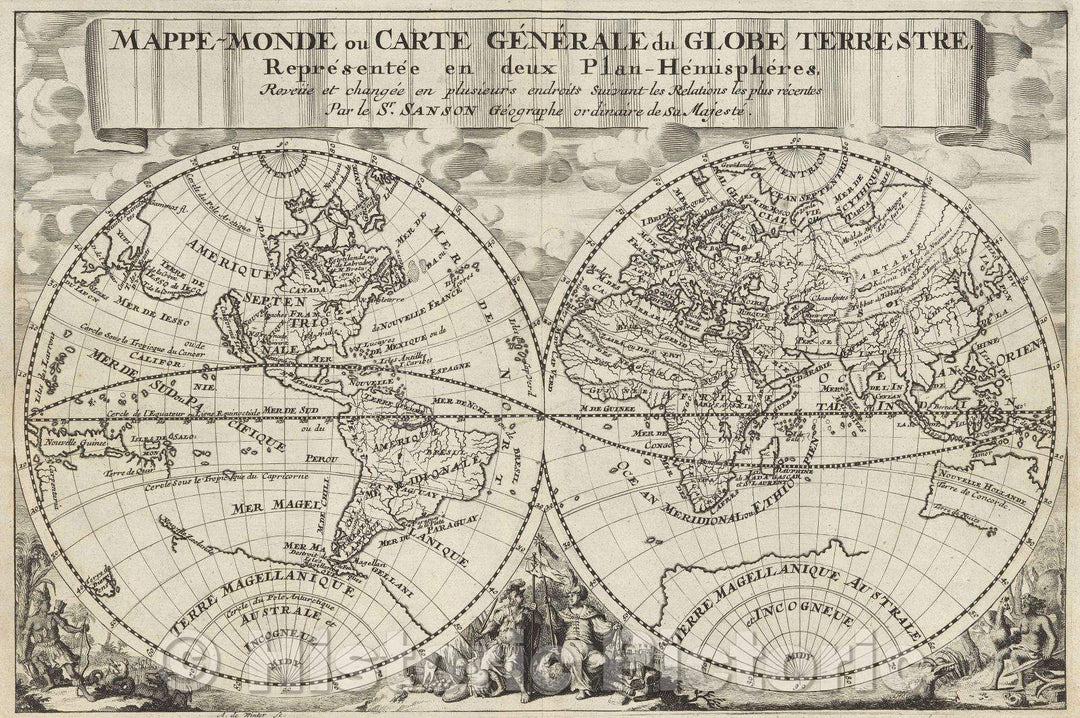 Historic Map : Mappe-Monde ou Carte Generale du Globe Terrestre Representee en deux Plan-Hemispheres, Reveiie et changee en plusieurs endroits Suivant les Relations, 1692 , Vintage Wall Art