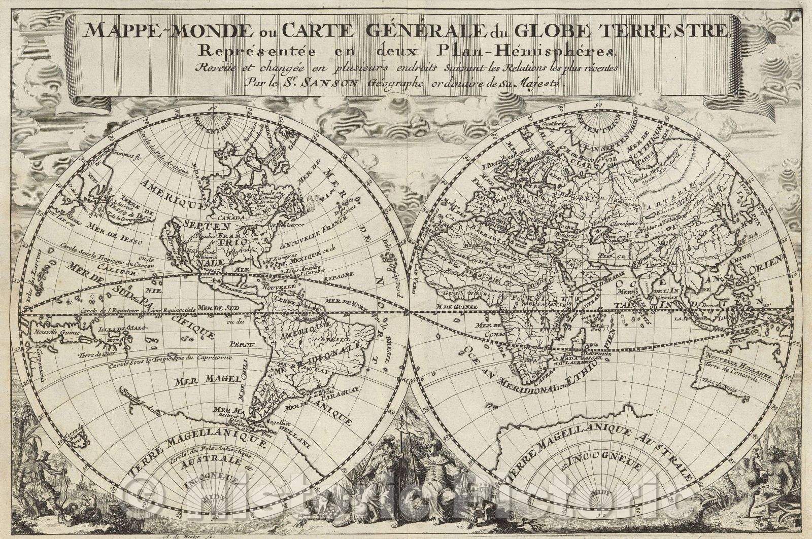 Historic Map : Mappe-Monde ou Carte Generale du Globe Terrestre Representee en deux Plan-Hemispheres, Reveiie et changee en plusieurs endroits Suivant les Relations, 1692 , Vintage Wall Art