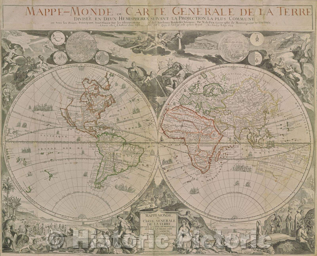 Historic Map : Mappe-Monde, ou Carte Generale de la Terre, divisee en deux hemispheres suivant la Projection la Plus Commune ou tous les Points Principaux sont Place, 1694 , Vintage Wall Art