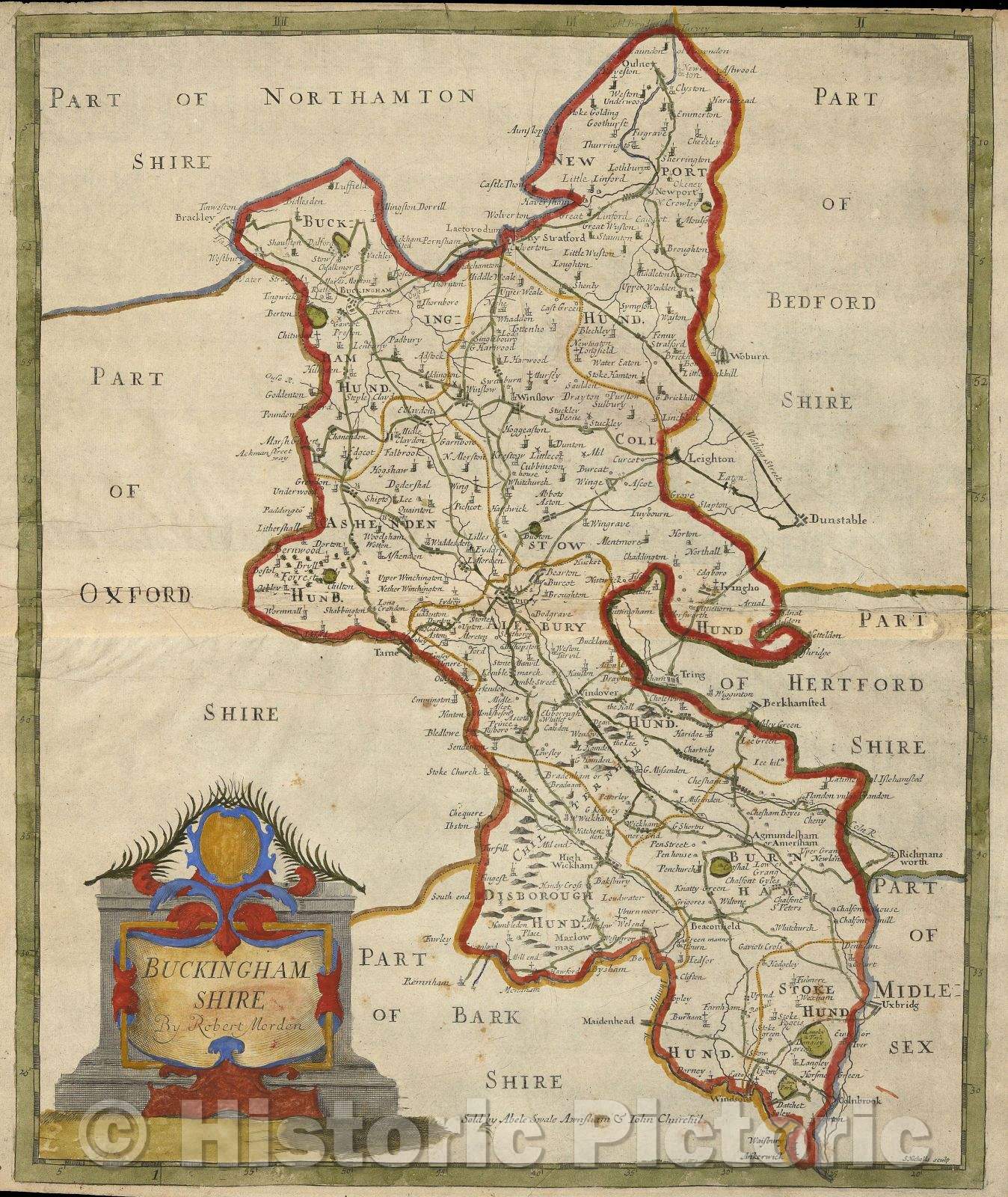 Historic Map : Buckingham Shire, 1695 , Vintage Wall Art