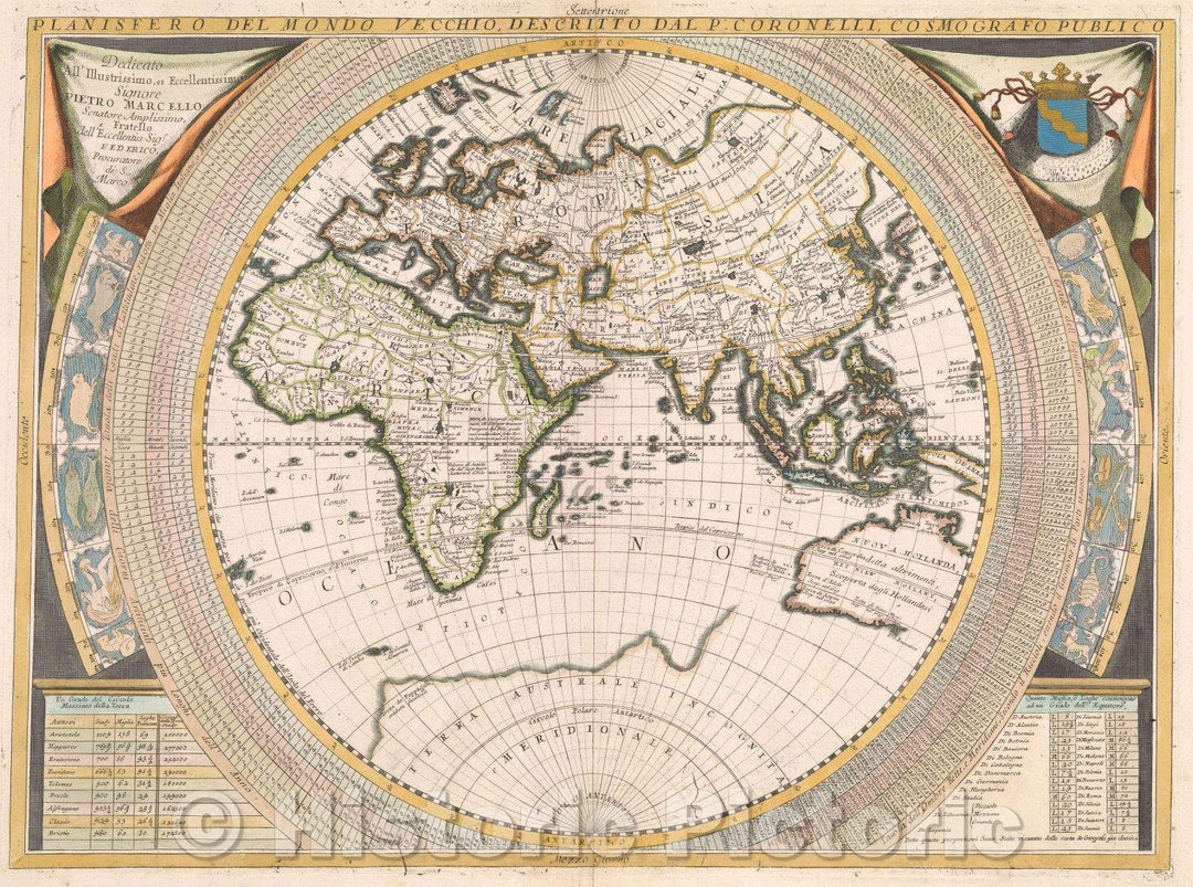 Historic Map : Planisfero del Mondo Vecchio, Descritto dal P. Coronelli, Cosmografo Publico, 1696 , Vintage Wall Art